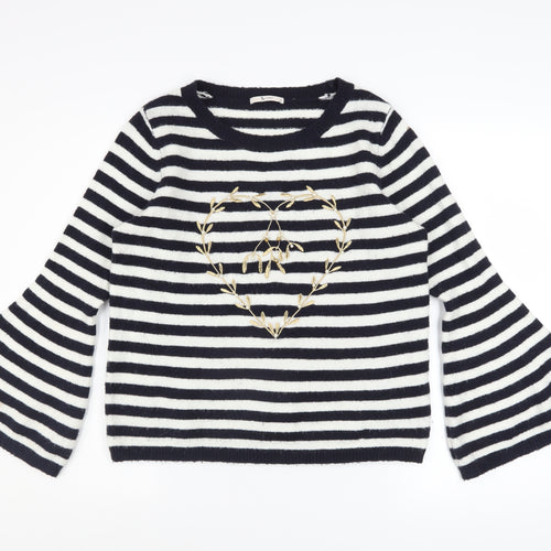 Tu Women’s Black Striped Embroidered Heart Flared Sleeve Jumper Size 12