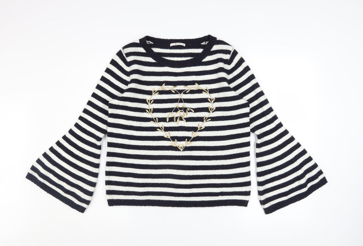 Tu Women’s Black Striped Embroidered Heart Flared Sleeve Jumper Size 12