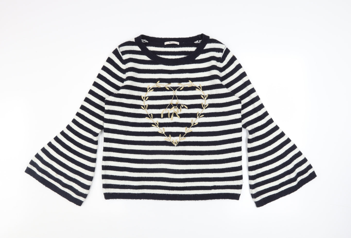 Tu Women’s Black Striped Embroidered Heart Flared Sleeve Jumper Size 12