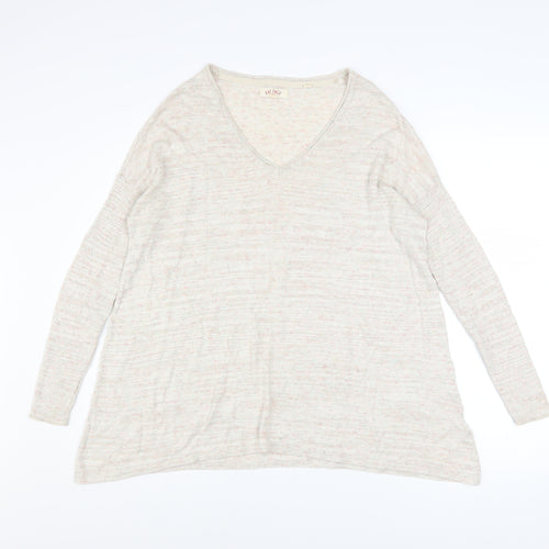 Fat Face Women's Beige V-Neck Long Sleeve Cotton Blend Pullover Jumper Size 8