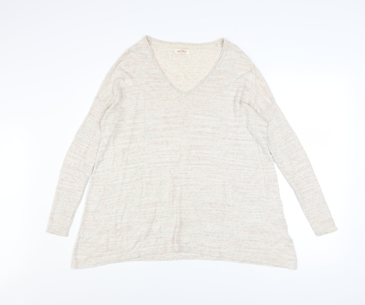 Fat Face Women's Beige V-Neck Long Sleeve Cotton Blend Pullover Jumper Size 8