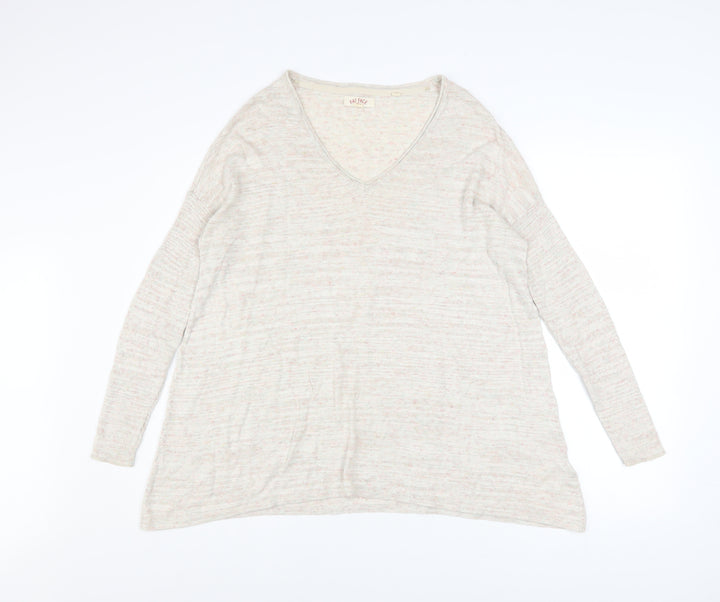 Fat Face Women's Beige V-Neck Long Sleeve Cotton Blend Pullover Jumper Size 8