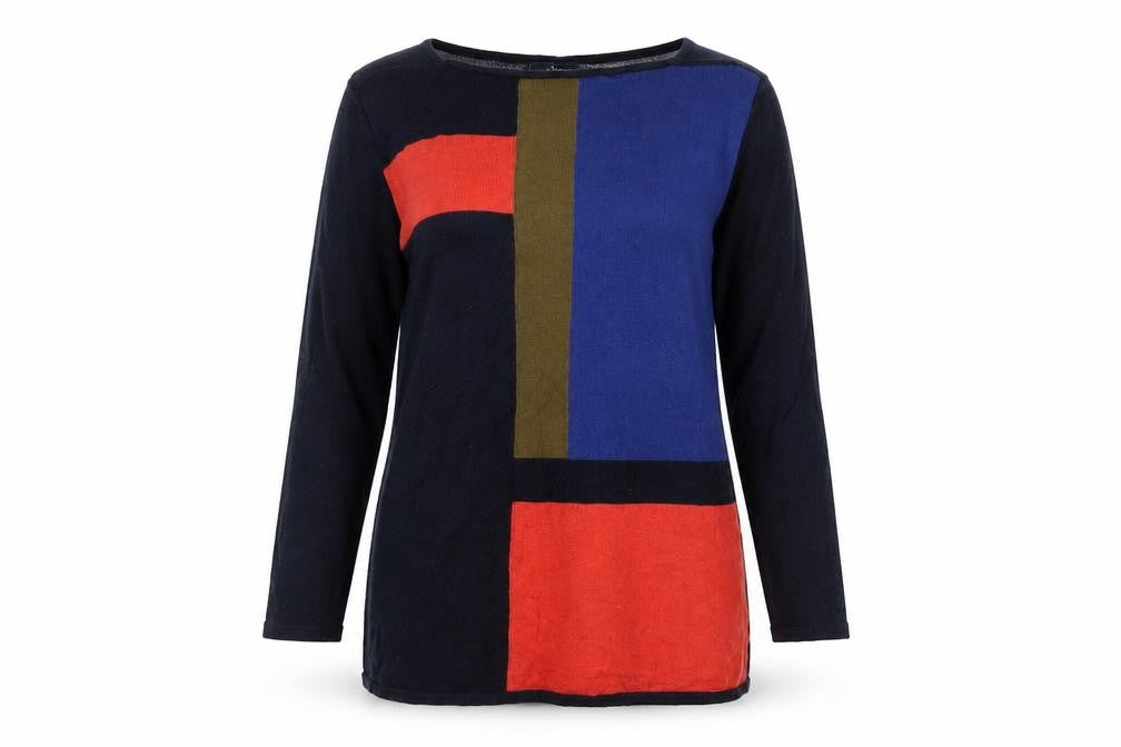 Front view of Next women’s multicoloured geometric cotton jumper, size UK 8