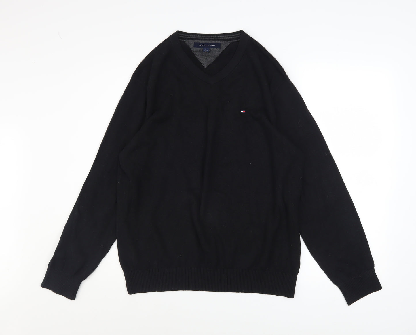 Tommy Hilfiger Men's Black Cotton V-Neck Jumper Size L
