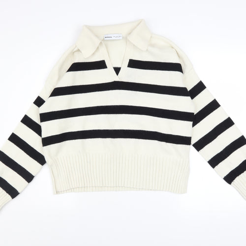 Bershka Women’s Black White Striped V-Neck Knit Jumper Size 12