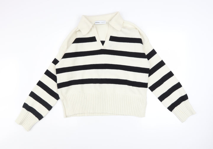 Bershka Women’s Black White Striped V-Neck Knit Jumper Size 12