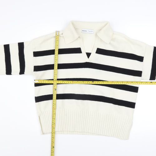 Bershka Women’s Black White Striped V-Neck Knit Jumper Size 12