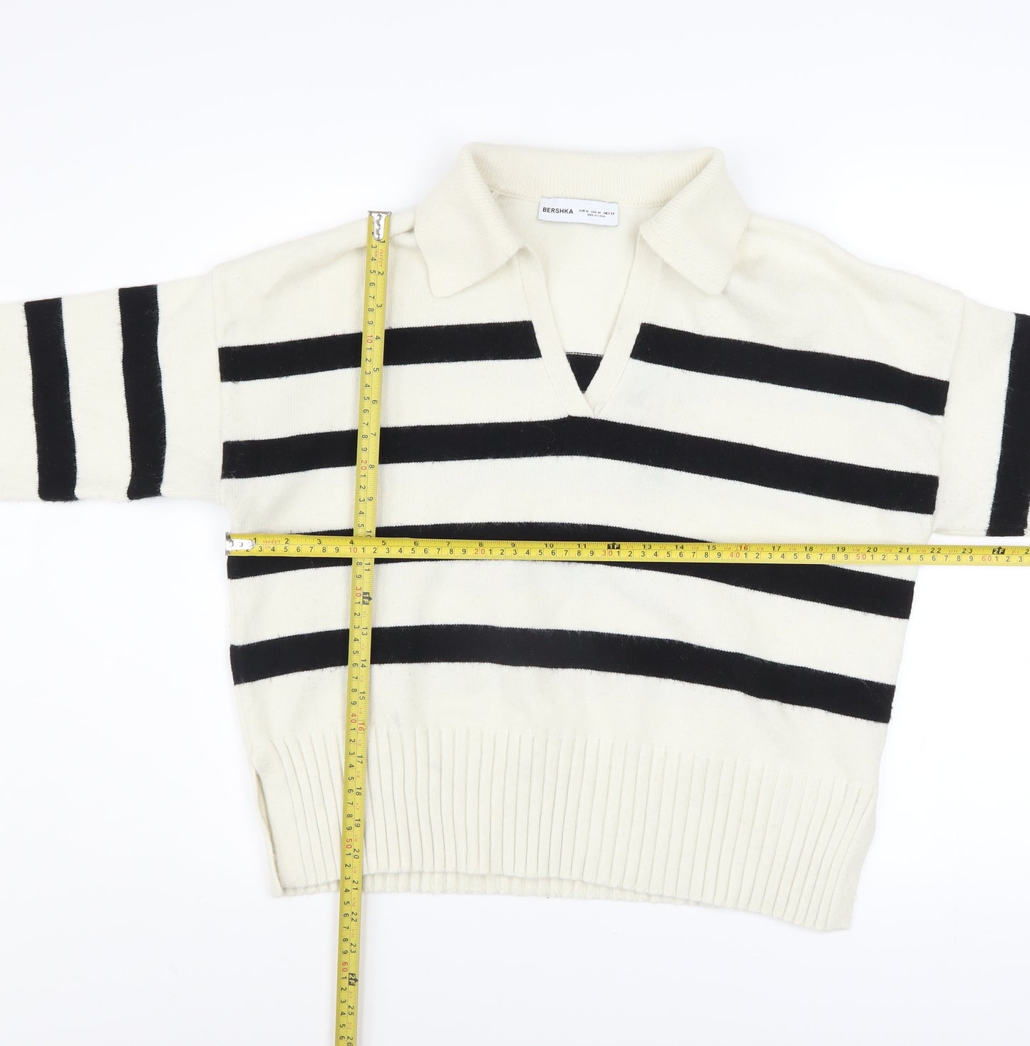 Bershka Women’s Black White Striped V-Neck Knit Jumper Size 12