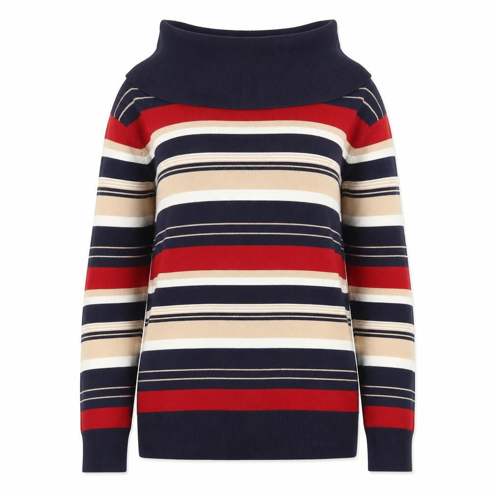 Front view of Isle Essentials Women’s Multicoloured Roll Neck Stripe Jumper, size M, 14-16