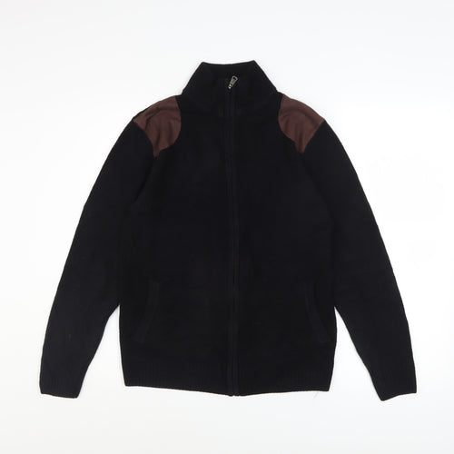 Valorwang Men's Black Knit Full Zip Jacket M with Brown Patches
