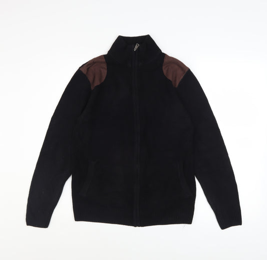 Valorwang Men's Black Knit Full Zip Jacket M with Brown Patches