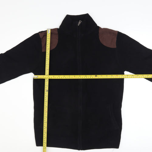Valorwang Men's Black Knit Full Zip Jacket M with Brown Patches