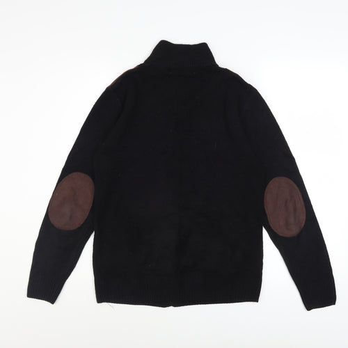 Valorwang Men's Black Knit Full Zip Jacket M with Brown Patches