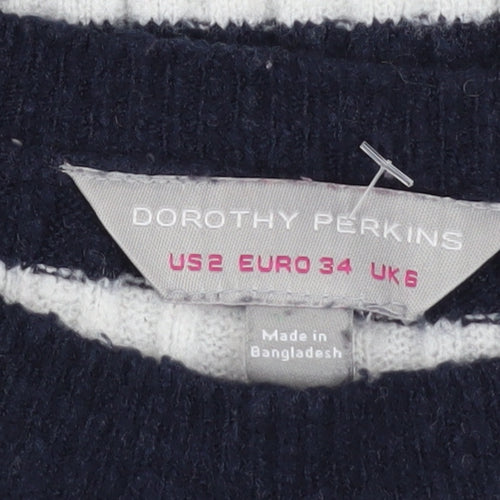 Dorothy Perkins Women's Blue Striped Crew Neck Knit Jumper Size 6