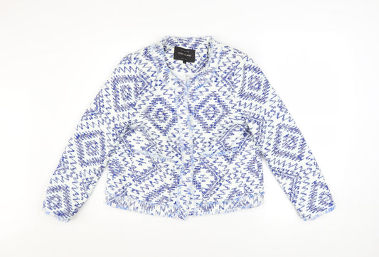 River Island Women Blue Geometric Tweed Fringe Jacket Size 8