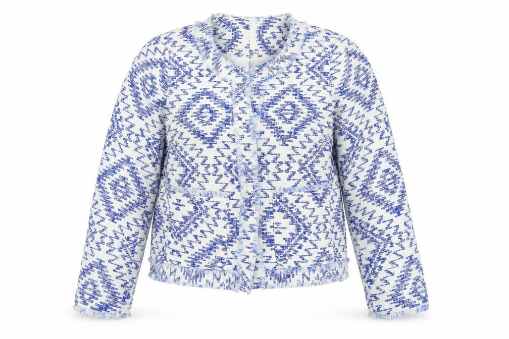 Front view of River Island Women Blue Geometric Tweed Fringe Jacket, size 8