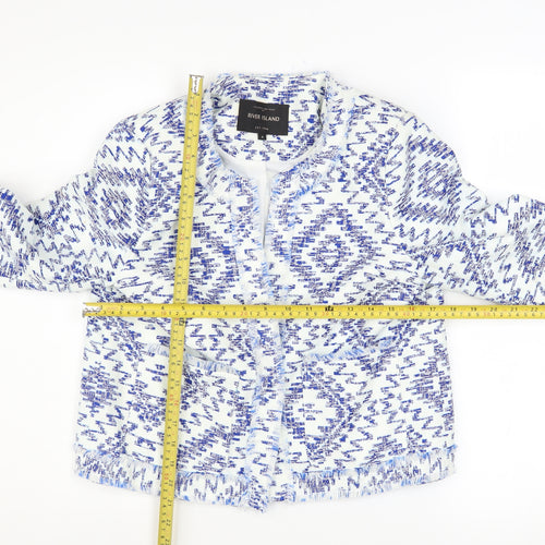 River Island Women Blue Geometric Tweed Fringe Jacket Size 8