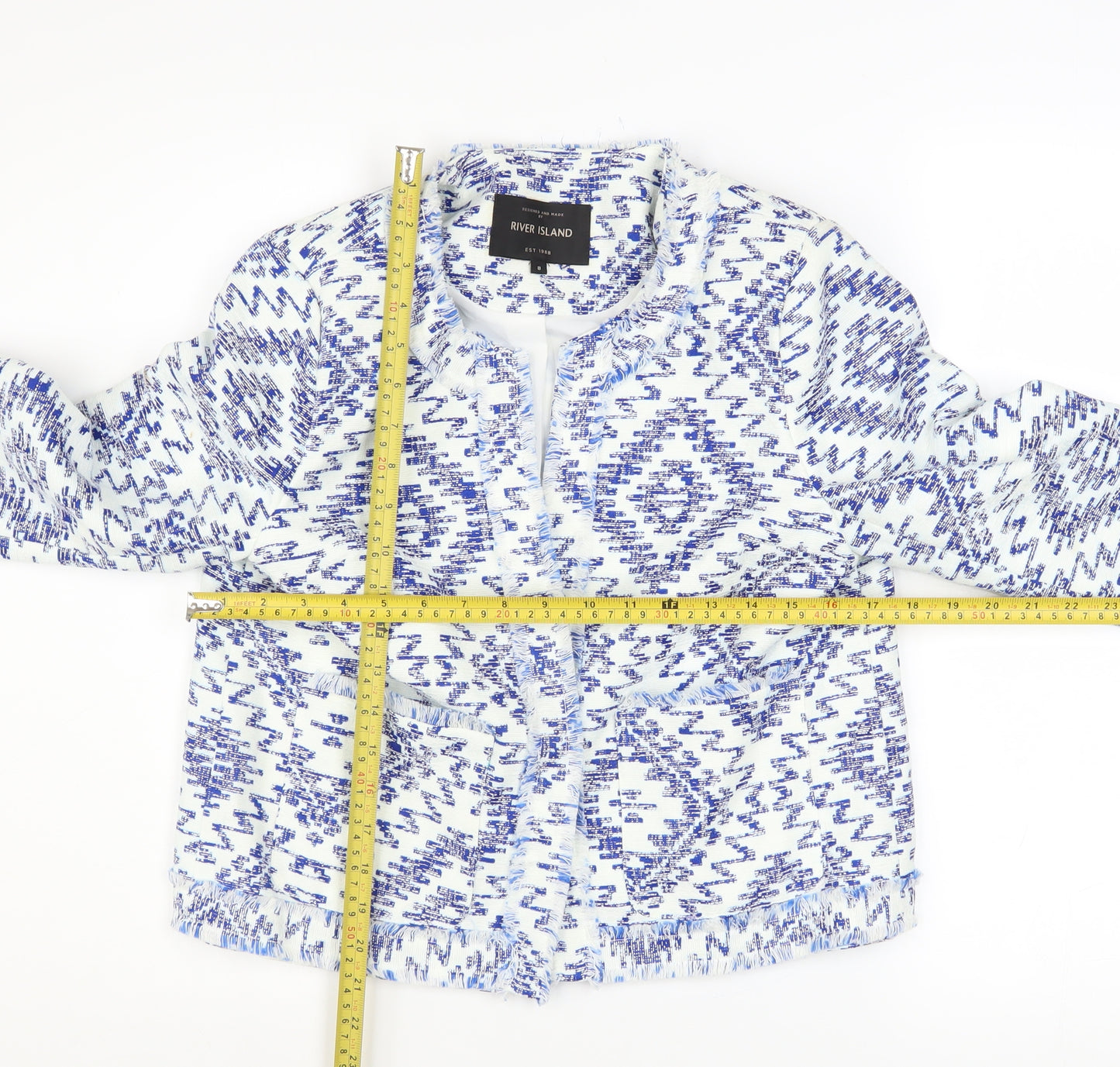 River Island Women Blue Geometric Tweed Fringe Jacket Size 8