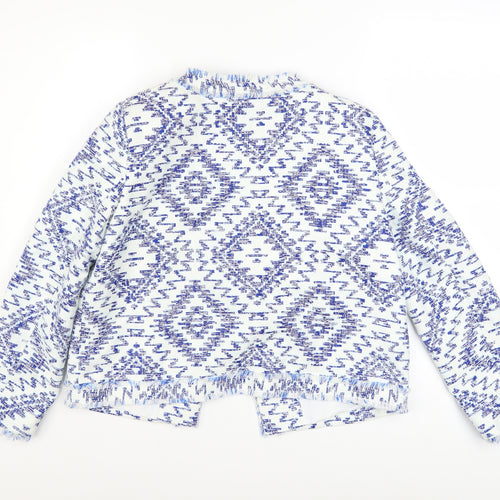 River Island Women Blue Geometric Tweed Fringe Jacket Size 8