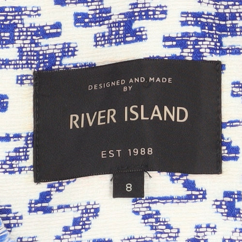 River Island Women Blue Geometric Tweed Fringe Jacket Size 8