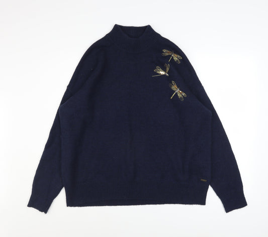 Joules Women's Blue Embroidered Dragonfly Mock Neck Jumper Size 16