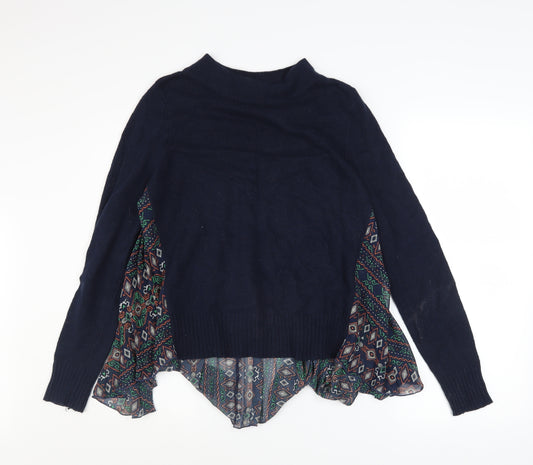MOTH Womens Blue Mock Neck Geometric Panel Pullover Jumper Size S