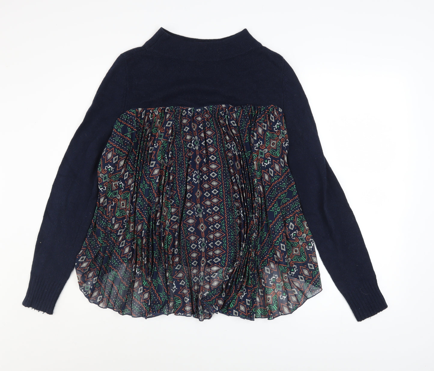 MOTH Womens Blue Mock Neck Geometric Panel Pullover Jumper Size S