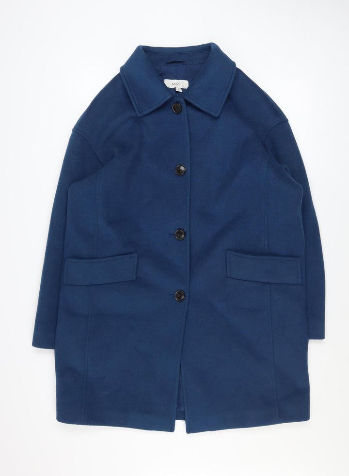 Marks and Spencer Women's Blue Wool Blend Mid-Length Overcoat Size 14