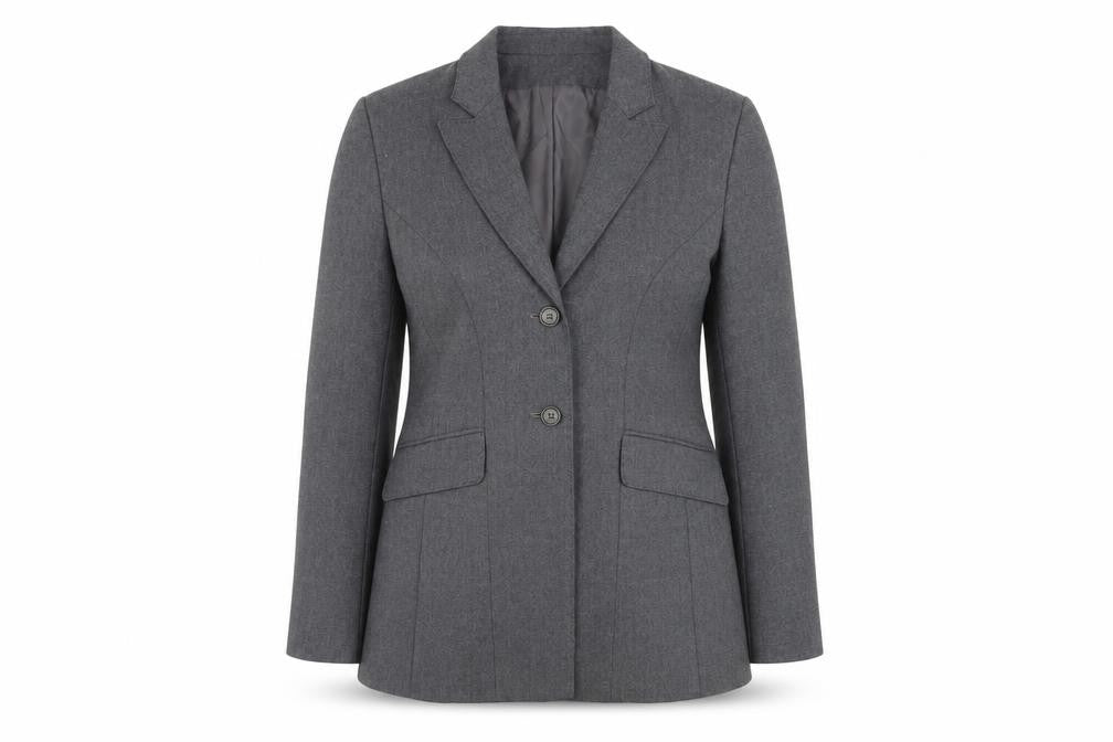 Front view of Press & Bastyan Women's Grey, size 14, Classic Two-Button Blazer