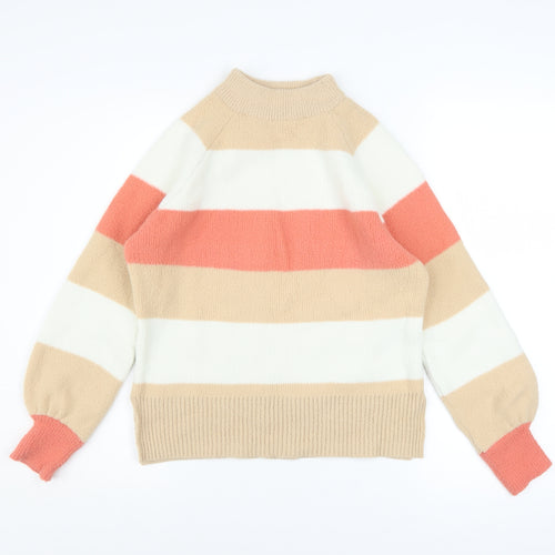 Marks and Spencer Women's Beige White Orange Striped High Neck Pullover Jumper Size S