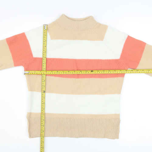 Marks and Spencer Women's Beige White Orange Striped High Neck Pullover Jumper Size S