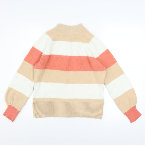 Marks and Spencer Women's Beige White Orange Striped High Neck Pullover Jumper Size S