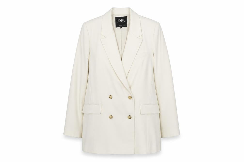 Front view of Zara Women’s Ivory Double-Breasted Blazer Jacket L Tailored Workwear