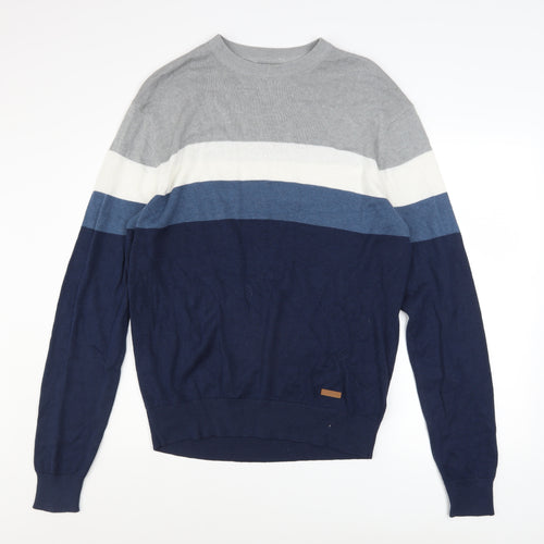 Bench Mens Blue Grey Striped Crew Neck Cotton Acrylic Jumper L