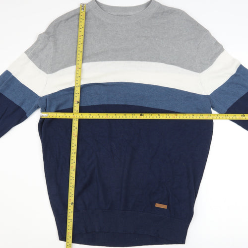 Bench Mens Blue Grey Striped Crew Neck Cotton Acrylic Jumper L