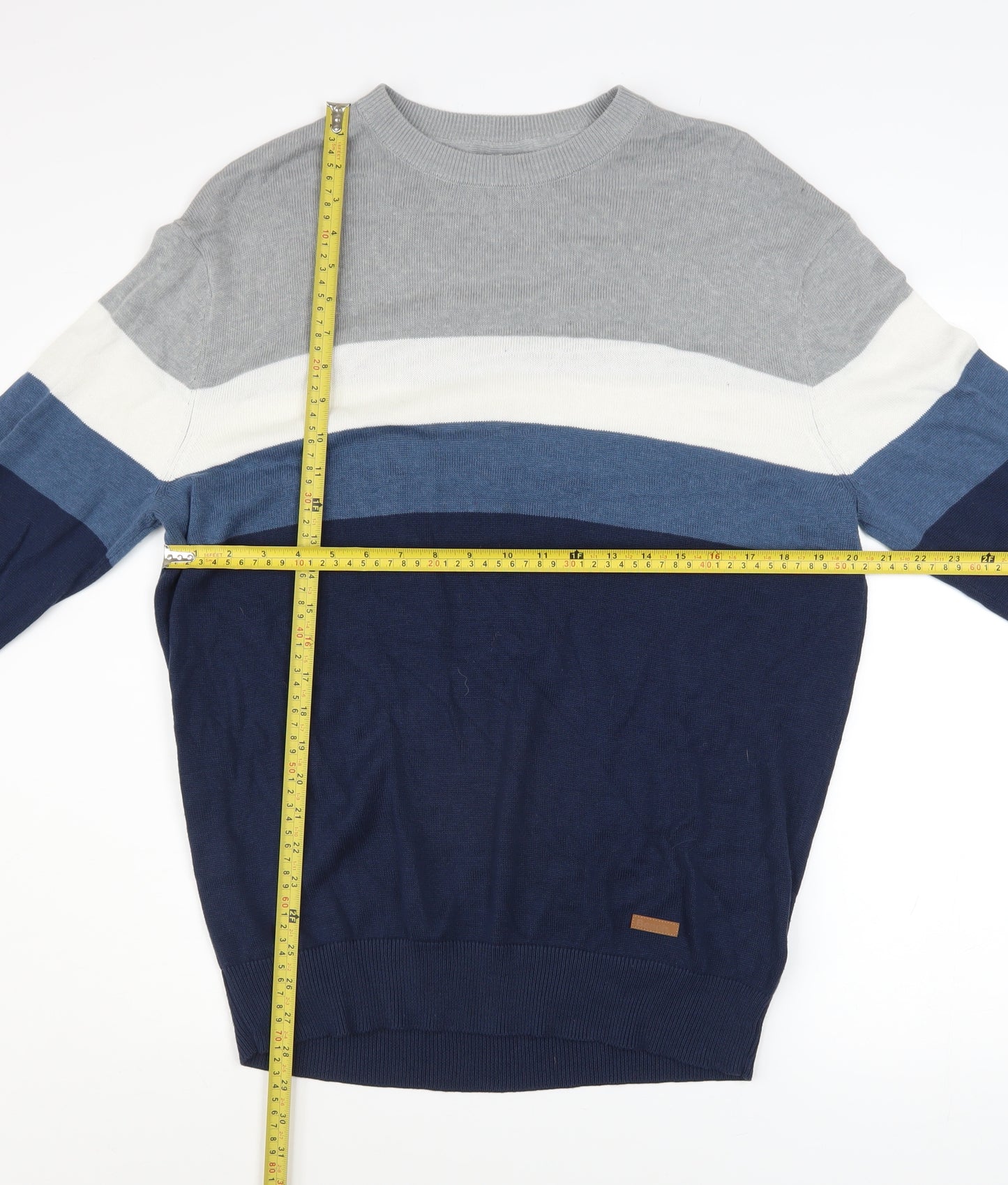 Bench Mens Blue Grey Striped Crew Neck Cotton Acrylic Jumper L