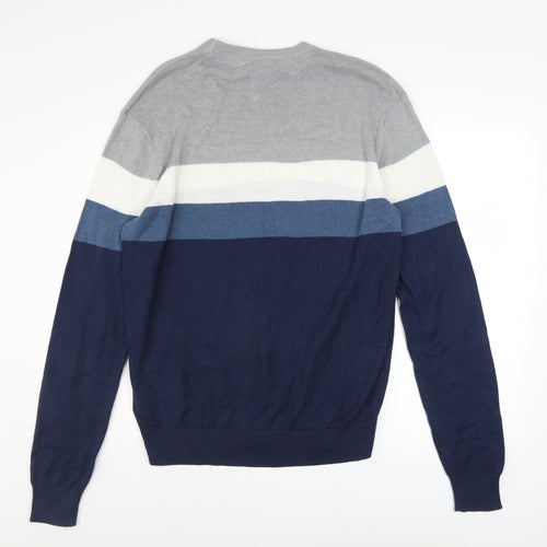 Bench Mens Blue Grey Striped Crew Neck Cotton Acrylic Jumper L