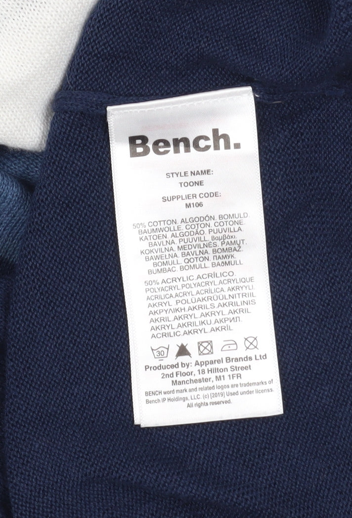 Bench Mens Blue Grey Striped Crew Neck Cotton Acrylic Jumper L