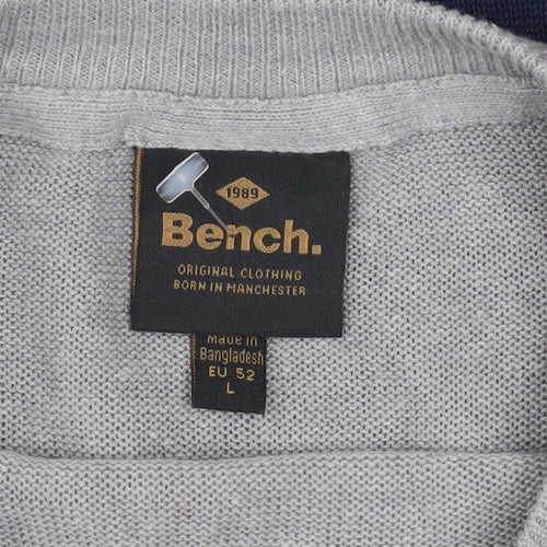 Bench Mens Blue Grey Striped Crew Neck Cotton Acrylic Jumper L