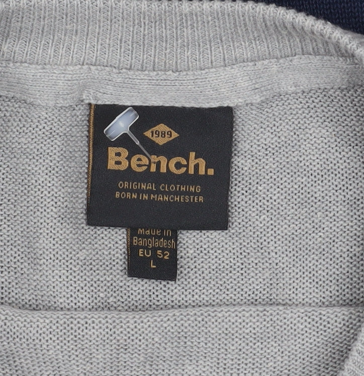 Bench Mens Blue Grey Striped Crew Neck Cotton Acrylic Jumper L