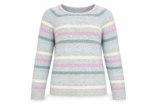 Front view of Laura Ashley Women’s Multicoloured Striped Crew Neck Jumper, size UK 12