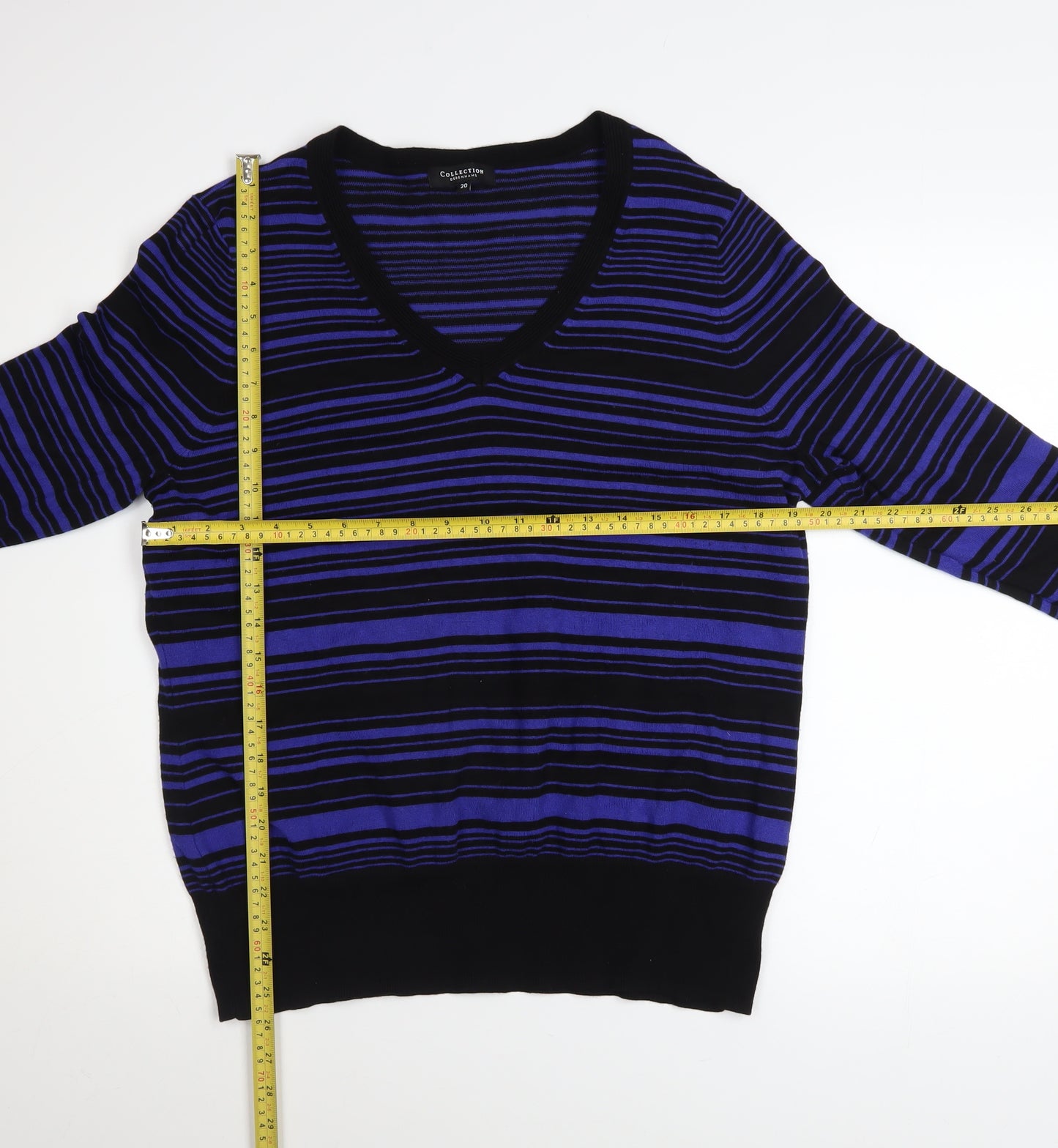 Debenhams Women Blue Black Striped V-Neck Jumper Size 20