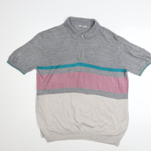 Tu Men's Grey Multicoloured Striped Short Sleeve Knit Polo Shirt M