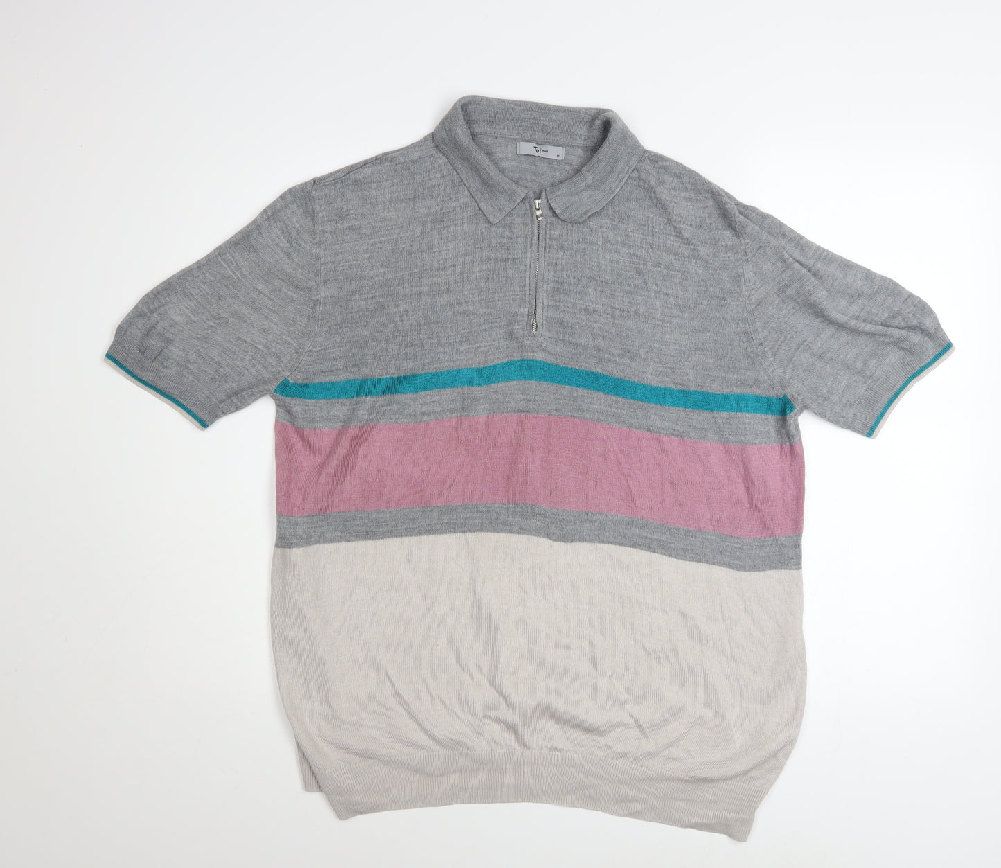 Tu Men's Grey Multicoloured Striped Short Sleeve Knit Polo Shirt M