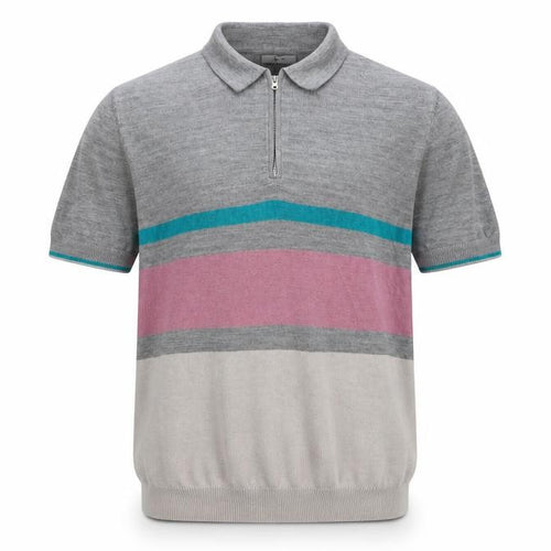 Tu Men's Grey Multicoloured Striped Short Sleeve Knit Polo Shirt M