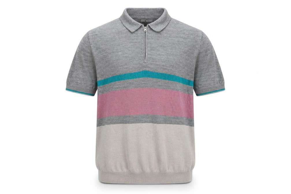 Tu Men's Grey Multicoloured Striped Short Sleeve Knit Polo Shirt M