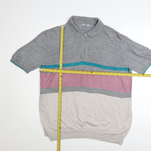 Tu Men's Grey Multicoloured Striped Short Sleeve Knit Polo Shirt M