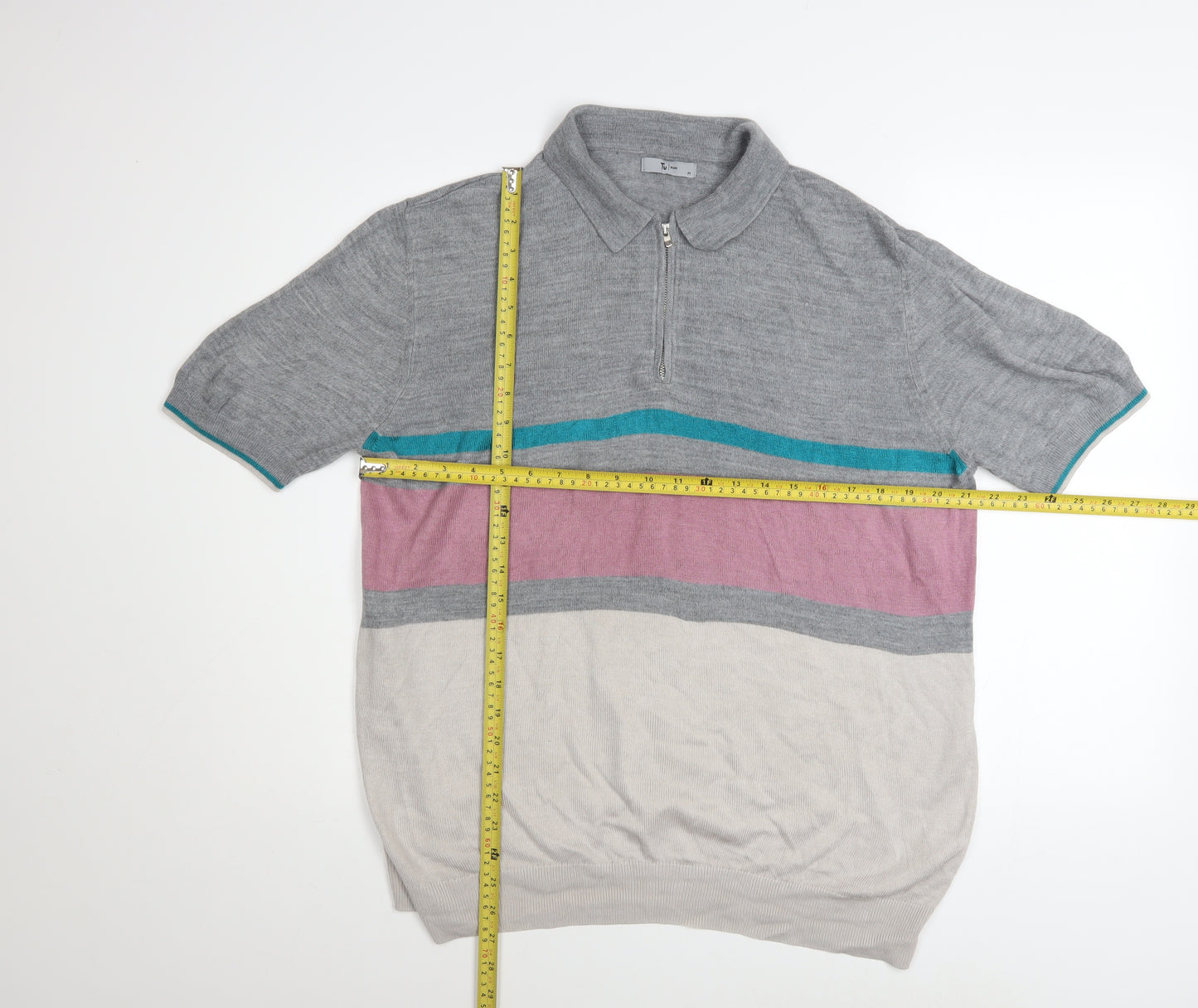 Tu Men's Grey Multicoloured Striped Short Sleeve Knit Polo Shirt M