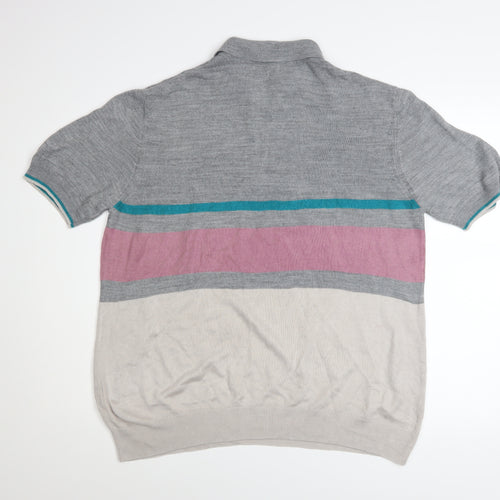 Tu Men's Grey Multicoloured Striped Short Sleeve Knit Polo Shirt M