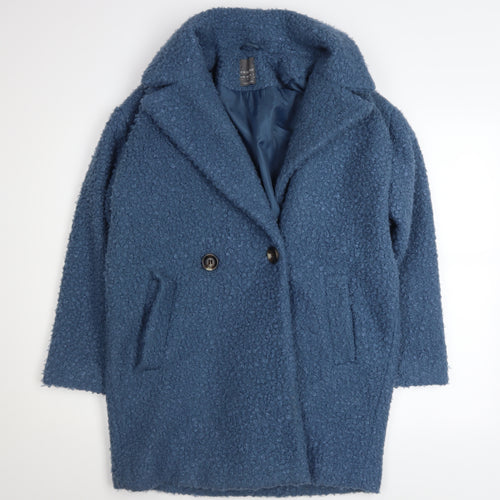 Primark Women Blue Mid-Length Overcoat Size 6 Polyester Lined Button